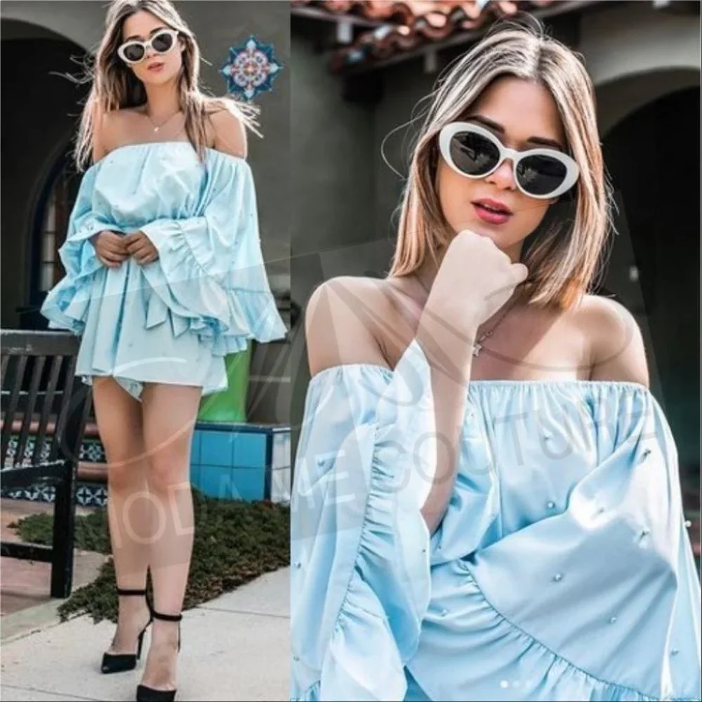 Blue Pearled Details Romper